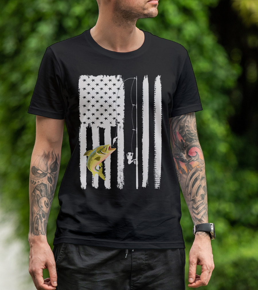 American Flag Fishing Pole With Fish USA Patriotic T-Shirt