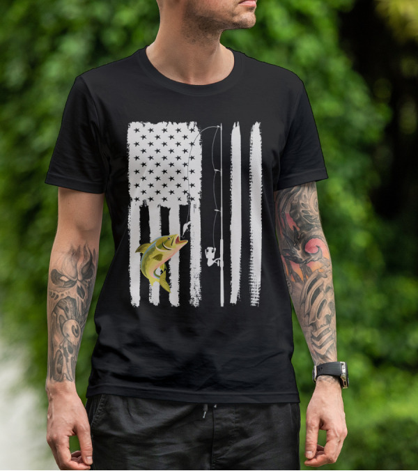 American Flag Fishing Pole With Fish USA Patriotic T-Shirt