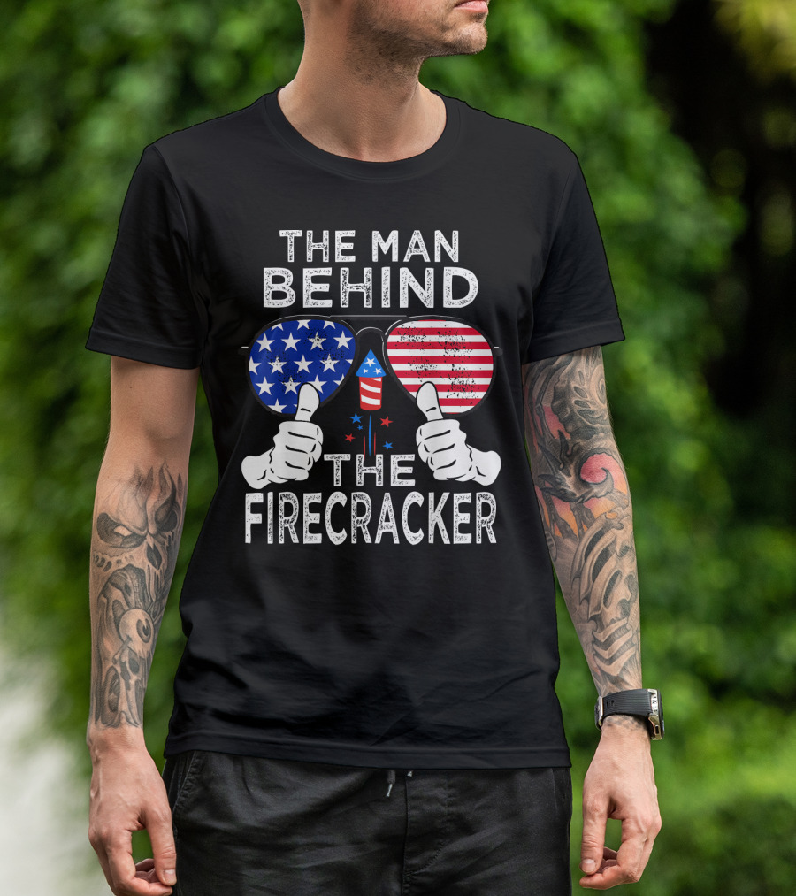 The Man Behind The Firecracker Patriotic Sunglasses Stars Stripes T-Shirt