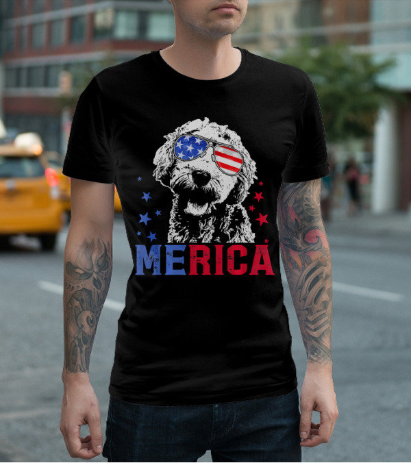 Merica Goldendoodle USA Flag Sunglasses Patriotic Stars T-Shirt