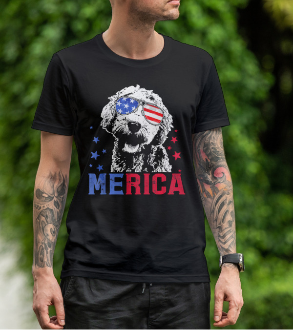 Merica Goldendoodle USA Flag Sunglasses Patriotic Stars T-Shirt