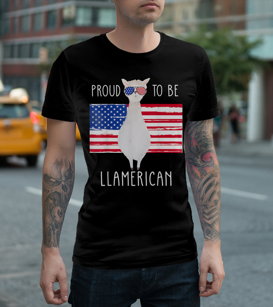 Proud To Be Llamerican Funny Llama with American Flag Sunglasses T-Shirt