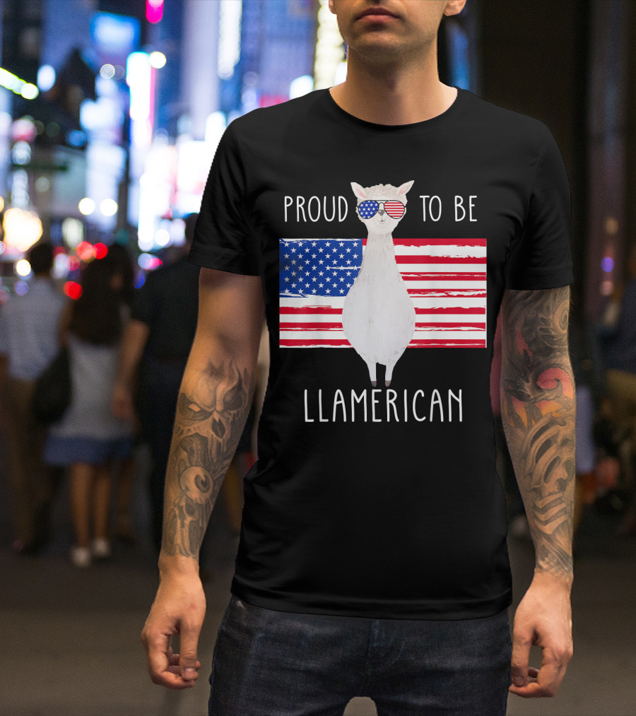 Proud To Be Llamerican Funny Llama With American Flag Sunglasses T-Shirt