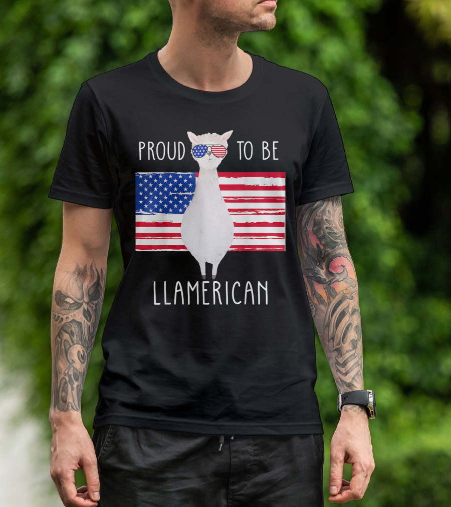 Proud To Be Llamerican Funny Llama With American Flag Sunglasses T-Shirt