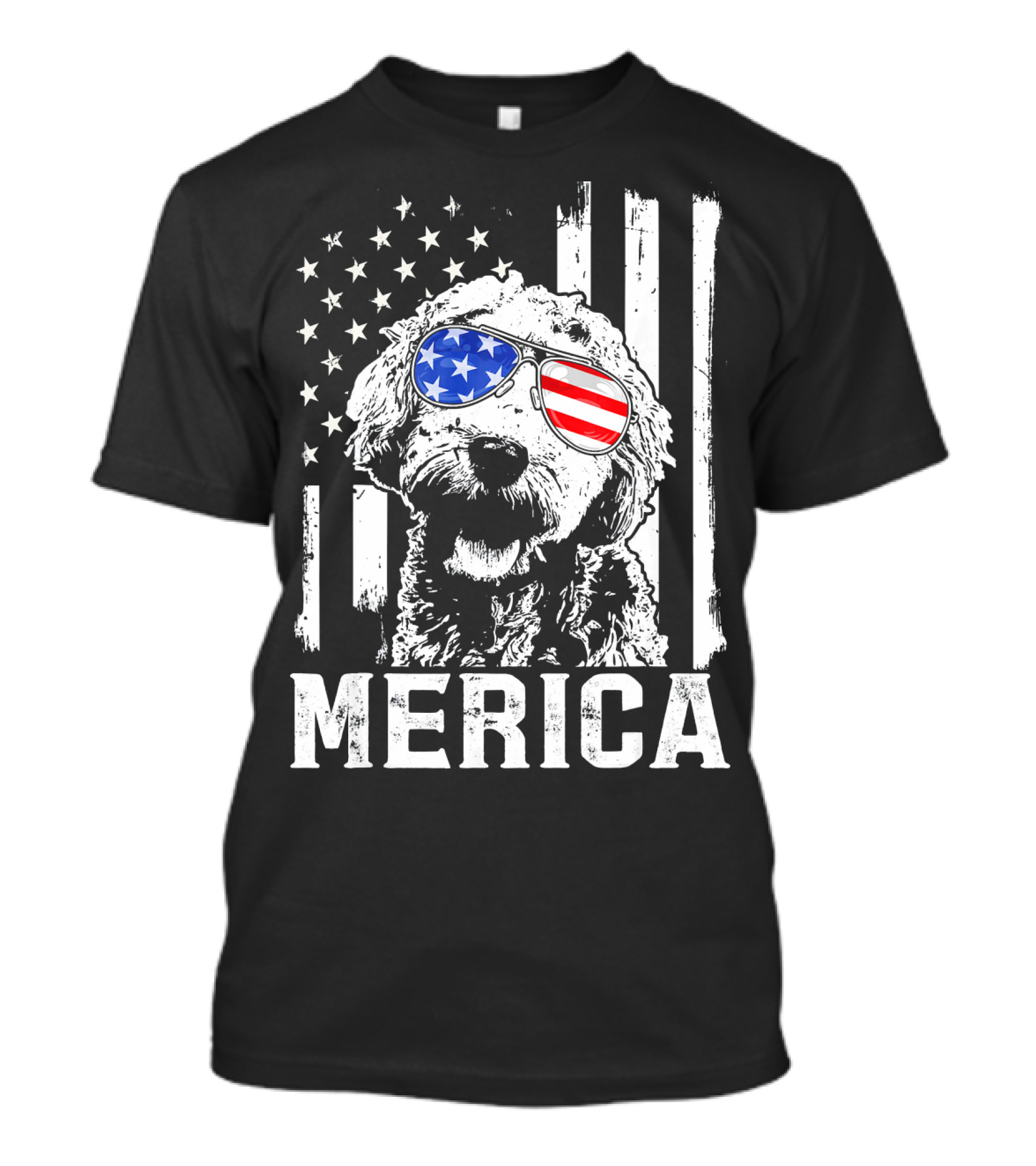 Merica Goldendoodle With American Flag Sunglasses And Stripes T-Shirt