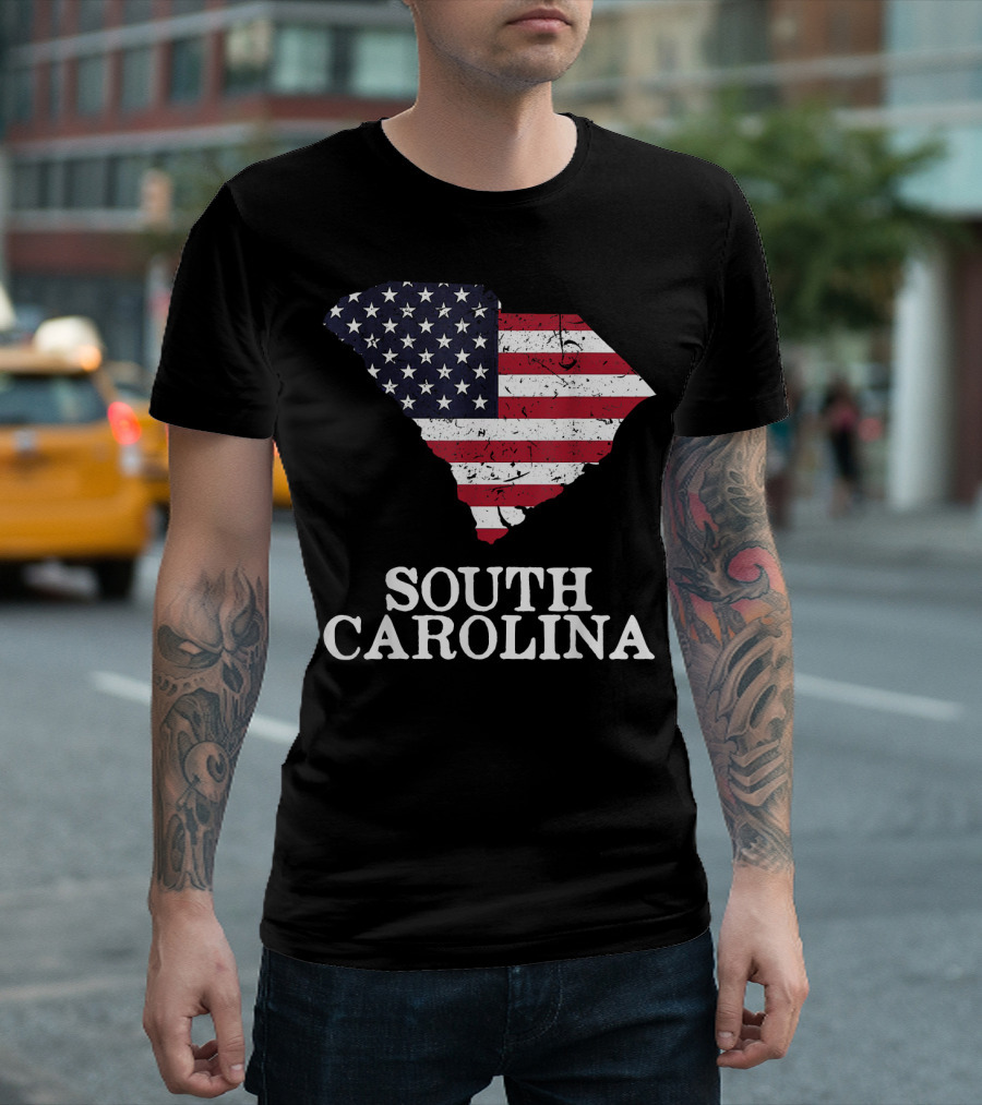 South Carolina Map with American Flag T-Shirt