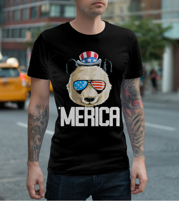 'Merica Panda With Patriotic Sunglasses And Uncle Sam Hat T-Shirt