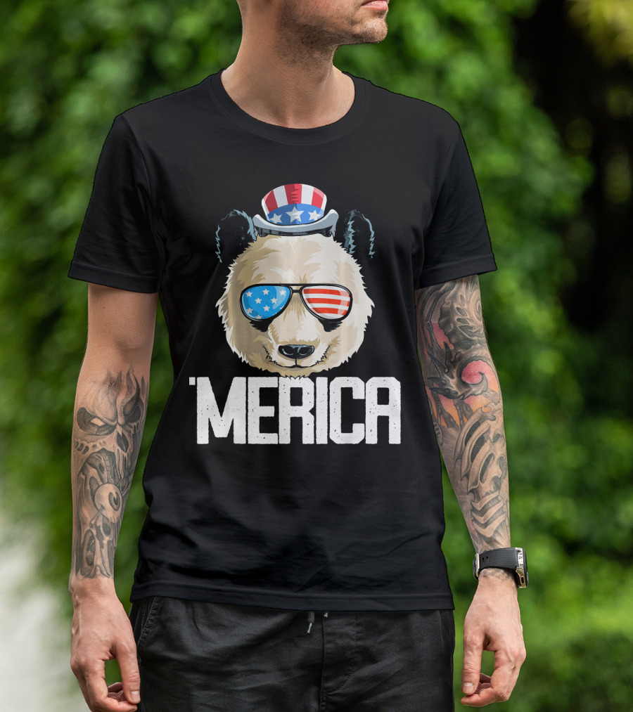 'Merica Panda With Patriotic Sunglasses And Uncle Sam Hat T-Shirt
