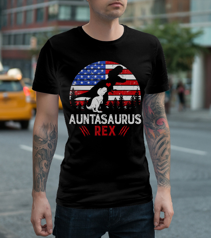 Auntasaurus Rex 4th of July Dinosaur American Flag Patriotic T-Shirt