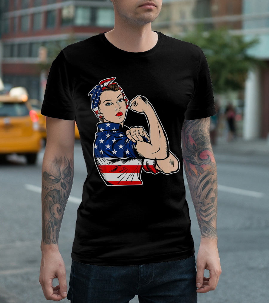 USA Flag Rosie The Riveter Bandana Feminist T-Shirt