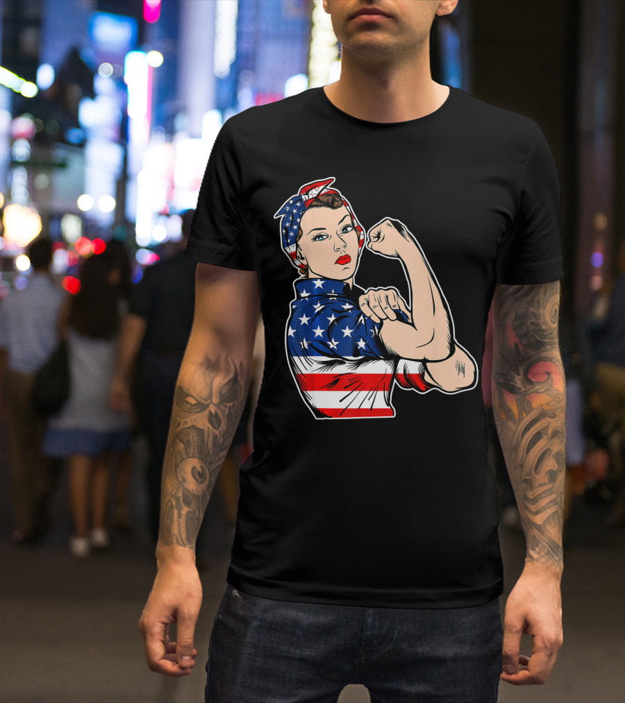USA Flag Rosie The Riveter Bandana Feminist T-Shirt