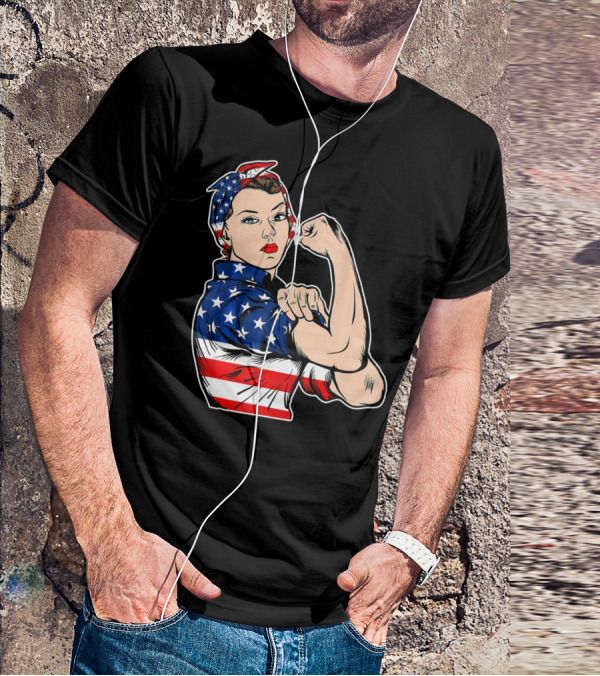 USA Flag Rosie The Riveter Bandana Feminist T-Shirt