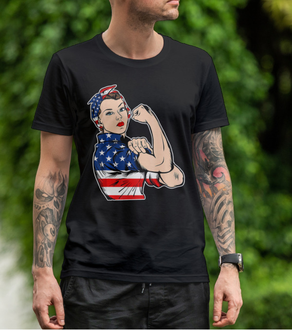 USA Flag Rosie The Riveter Bandana Feminist T-Shirt