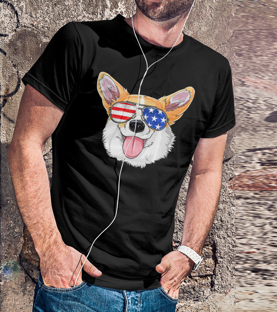 Patriotic Corgi With American Flag Sunglasses T-Shirt