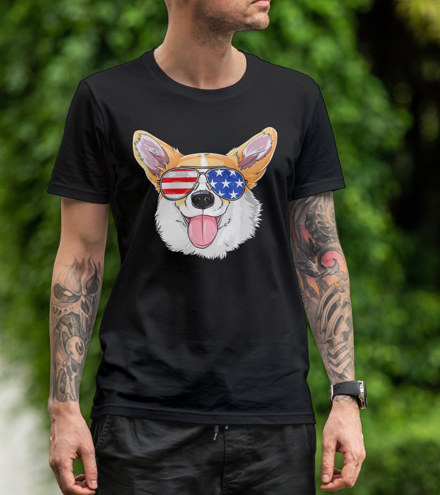 Patriotic Corgi With American Flag Sunglasses T-Shirt