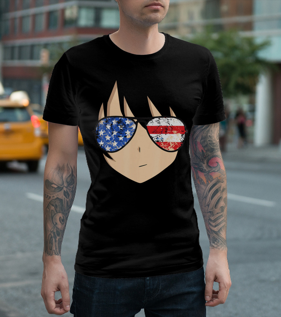 American Anime Face With Stars And Stripes USA Sunglasses T-Shirt