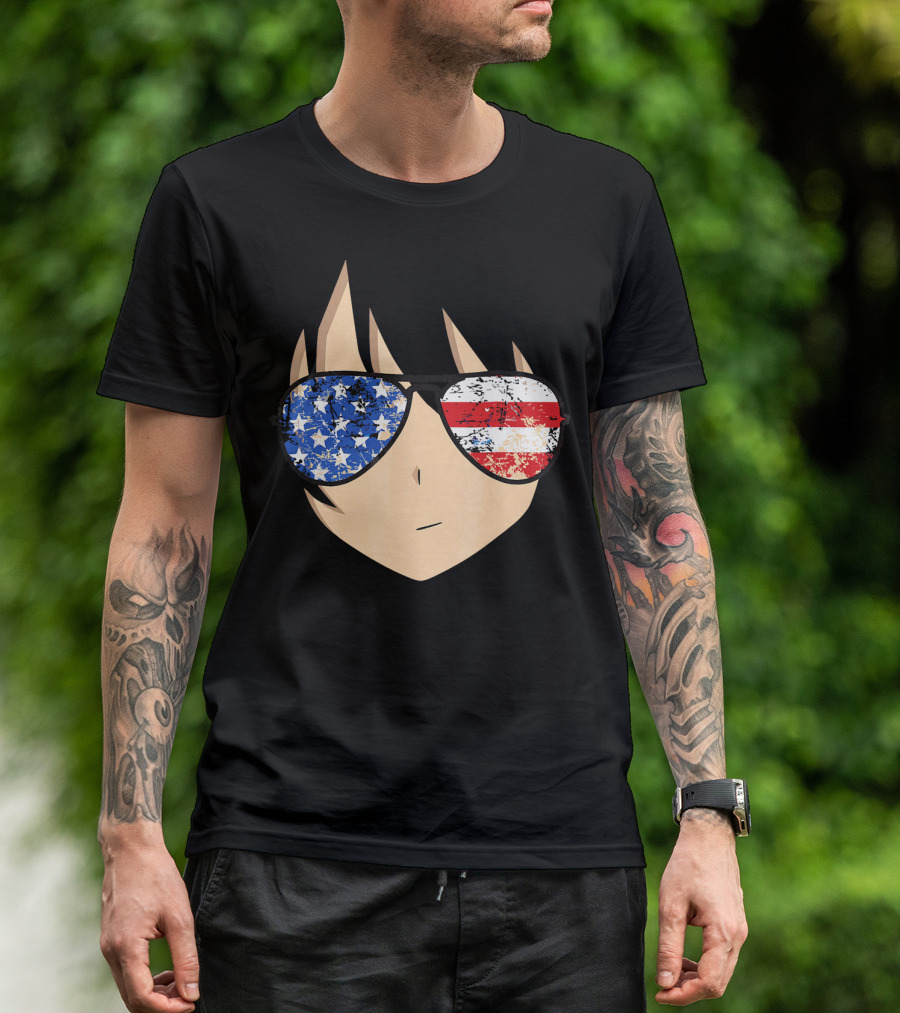American Anime Face With Stars And Stripes USA Sunglasses T-Shirt