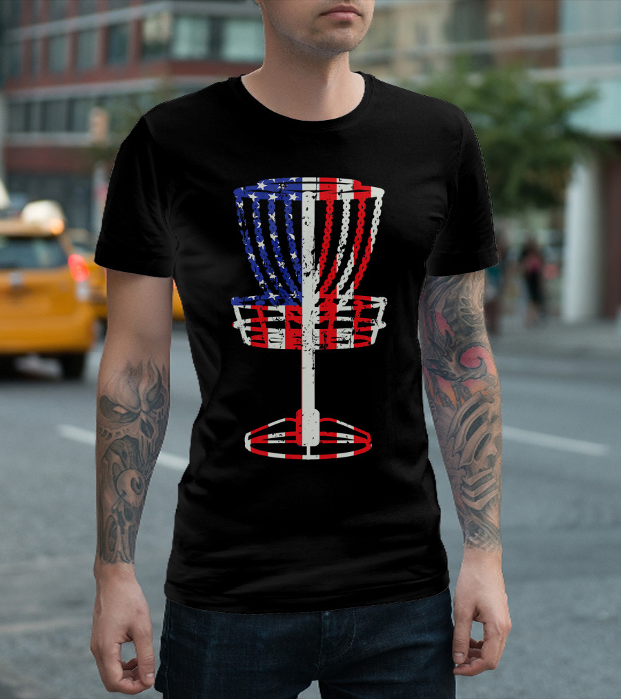 Patriotic USA Disc Golf Basket American Flag Frisbee Golfing T-Shirt