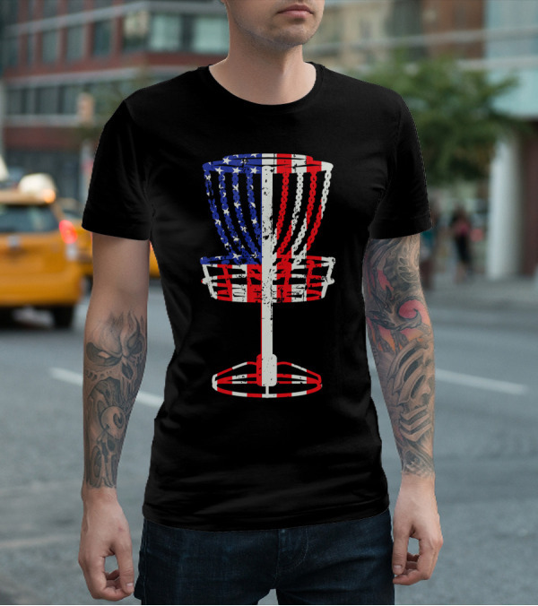Patriotic USA Disc Golf Basket American Flag Frisbee Golfing T-Shirt