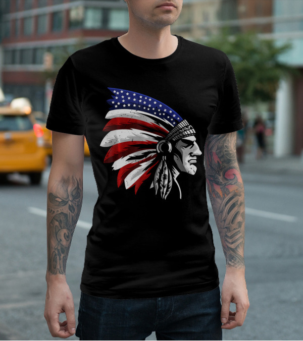 Native American Indian Chief Patriotic Headdress T-Shirt
