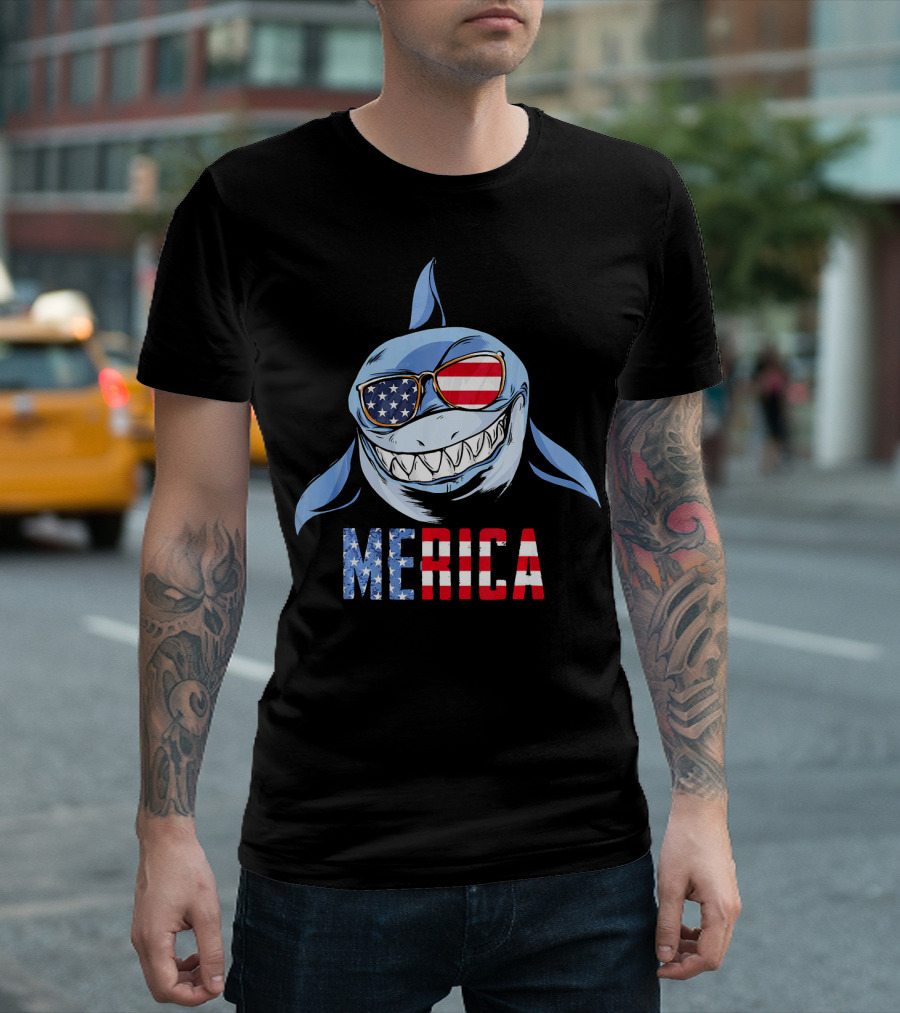 4th of July Merica Shark with American Flag Sunglasses Patriotic T-Shirt
