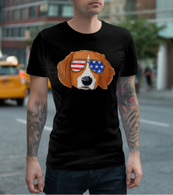 Beagle Wearing American Flag Sunglasses With Patriotic T-Shirt