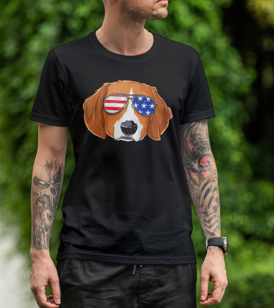 Beagle Wearing American Flag Sunglasses With Patriotic T-Shirt