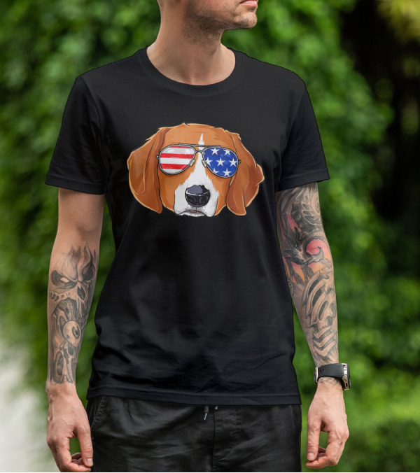 Beagle Wearing American Flag Sunglasses With Patriotic T-Shirt