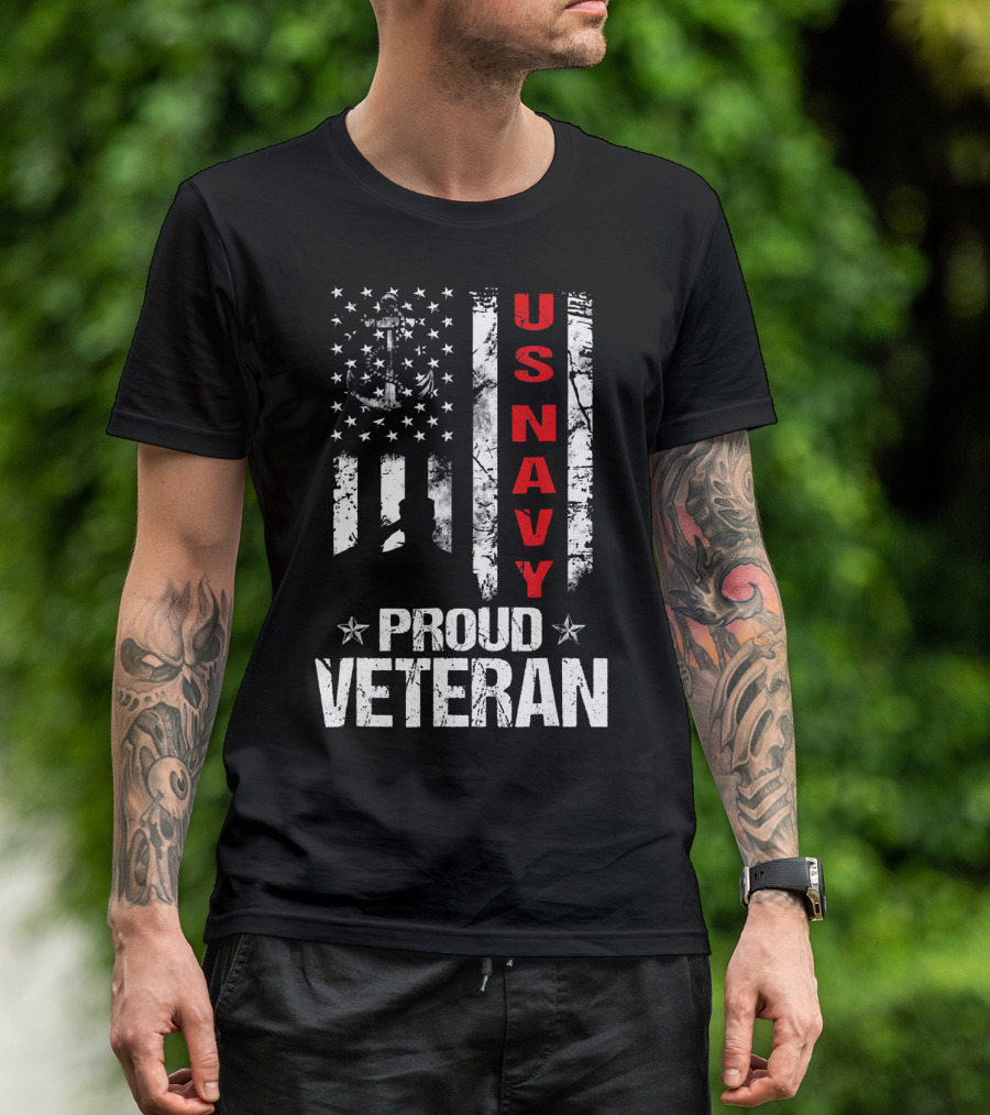 US Navy Proud Veteran Patriotic American Flag Anchor Stars T-Shirt