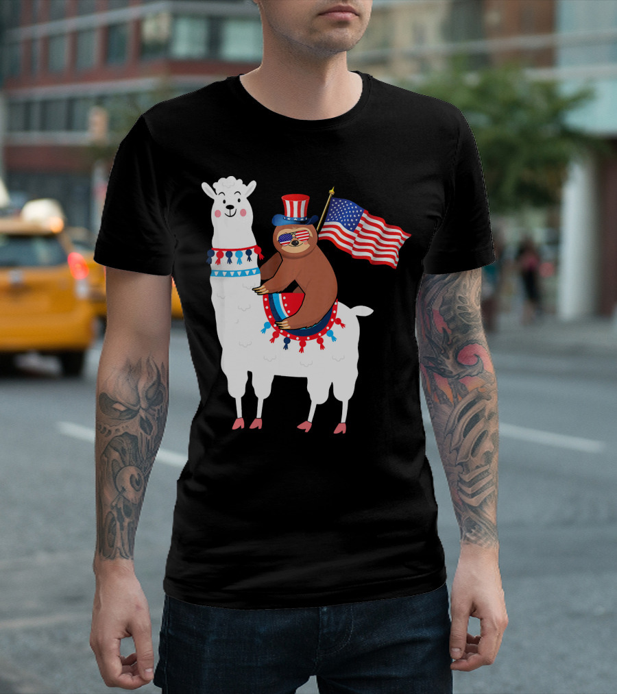 Funny 4th of July Sloth Riding Patriotic Llama with American Flag T-Shirt
