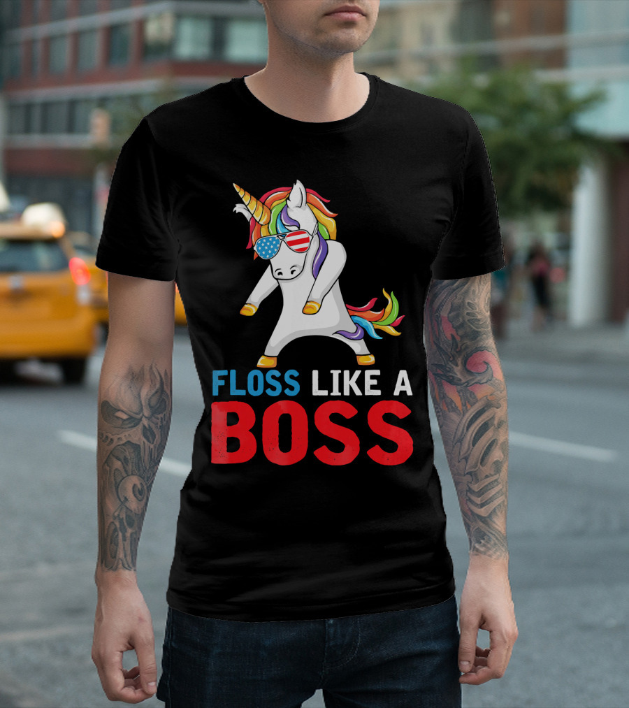 Floss Like A Boss Unicorn American Flag Shades 4th Of July T-Shirt