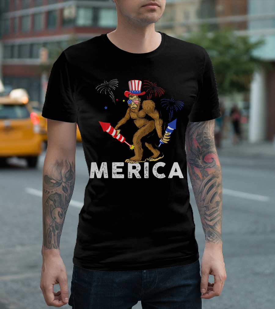 Bigfoot Merica Fireworks Patriotic Hat Independence Day T-Shirt