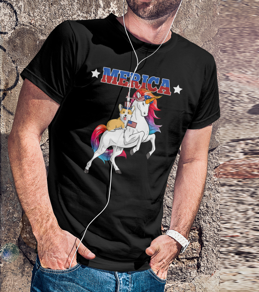 MERICA Corgi Dog Riding Unicorn With American Flag USA T-Shirt