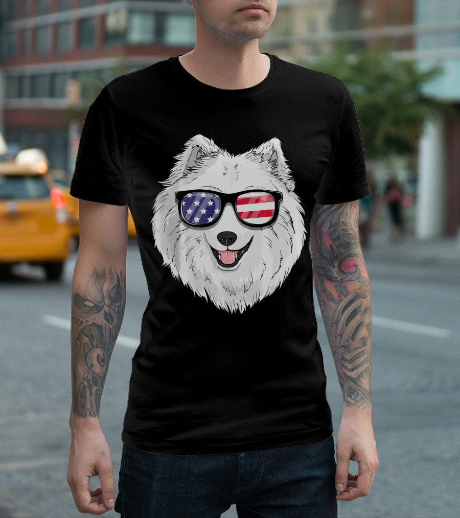 Samoyed Dog USA Patriotic 4th Of July American Flag Sunglasses T-Shirt