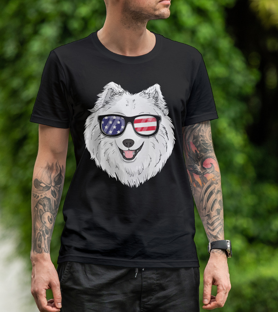 Samoyed Dog USA Patriotic 4th Of July American Flag Sunglasses T-Shirt