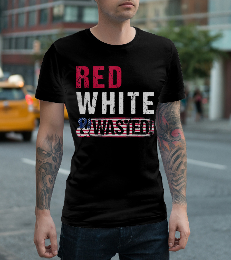 Red White And Wasted American Flag Skull T-Shirt