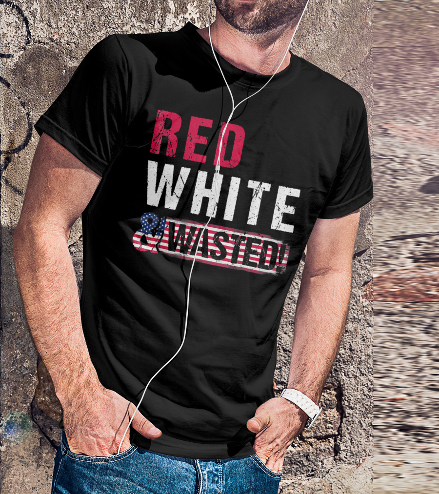 Red White And Wasted American Flag Skull T-Shirt