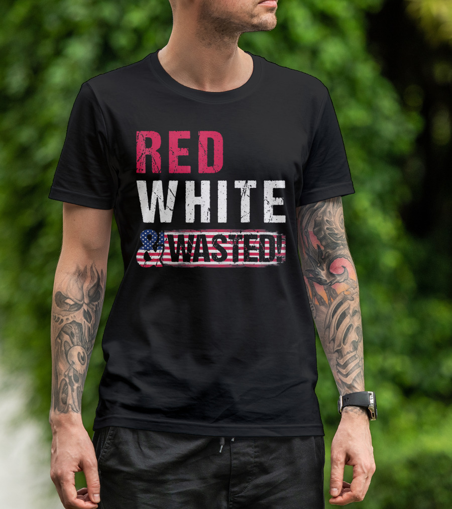 Red White And Wasted American Flag Skull T-Shirt