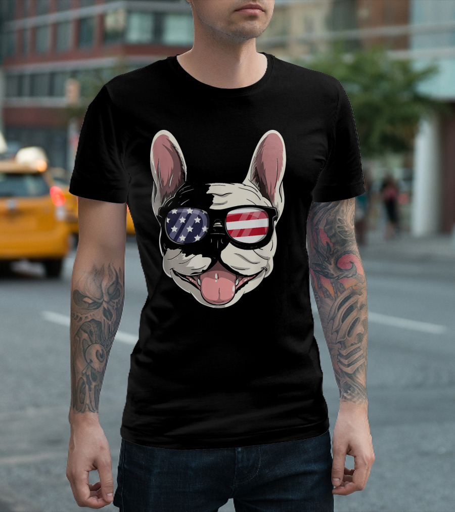 French Bulldog USA 4th Of July American Flag Glasses T-Shirt
