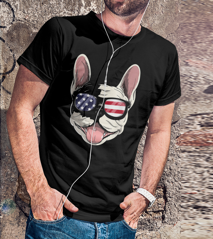 French Bulldog USA 4th Of July American Flag Glasses T-Shirt