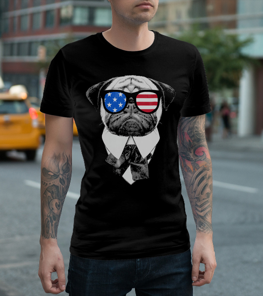 Patriotic Pug with American Flag Sunglasses and Tie T-Shirt