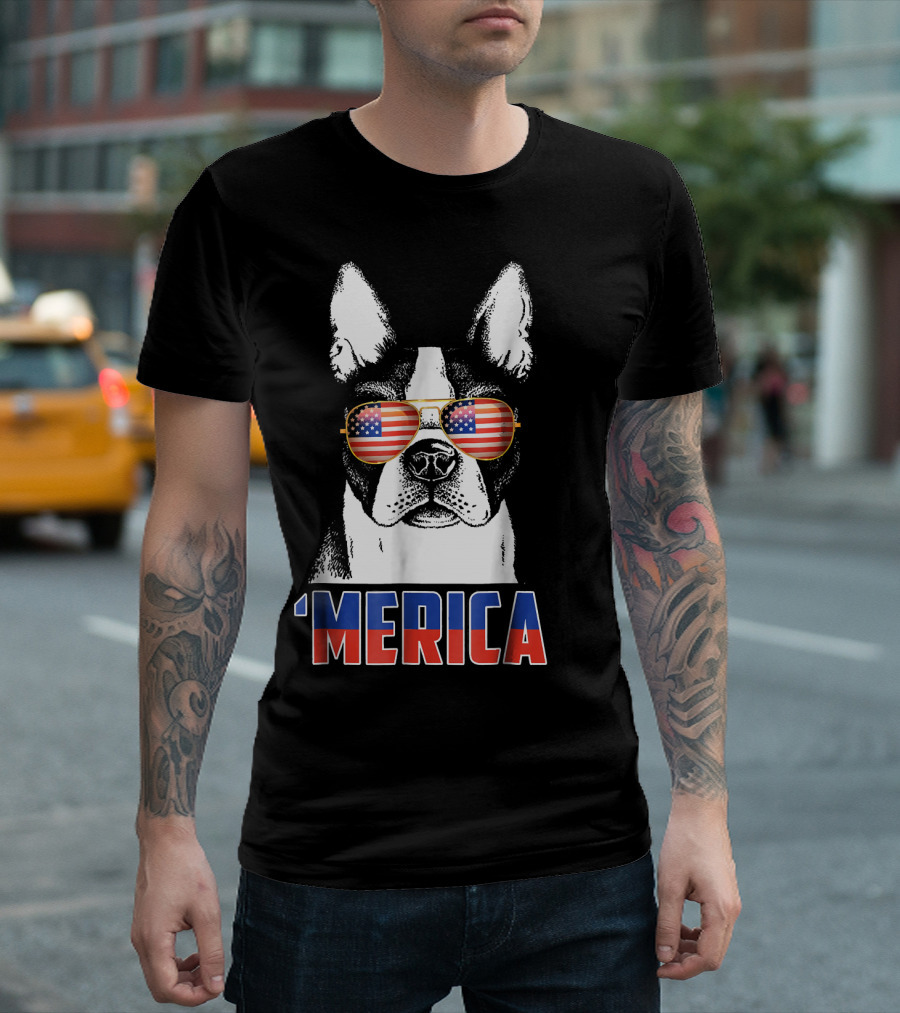 4th of July Patriot Boston Terrier 'Merica Flag Sunglasses T-Shirt