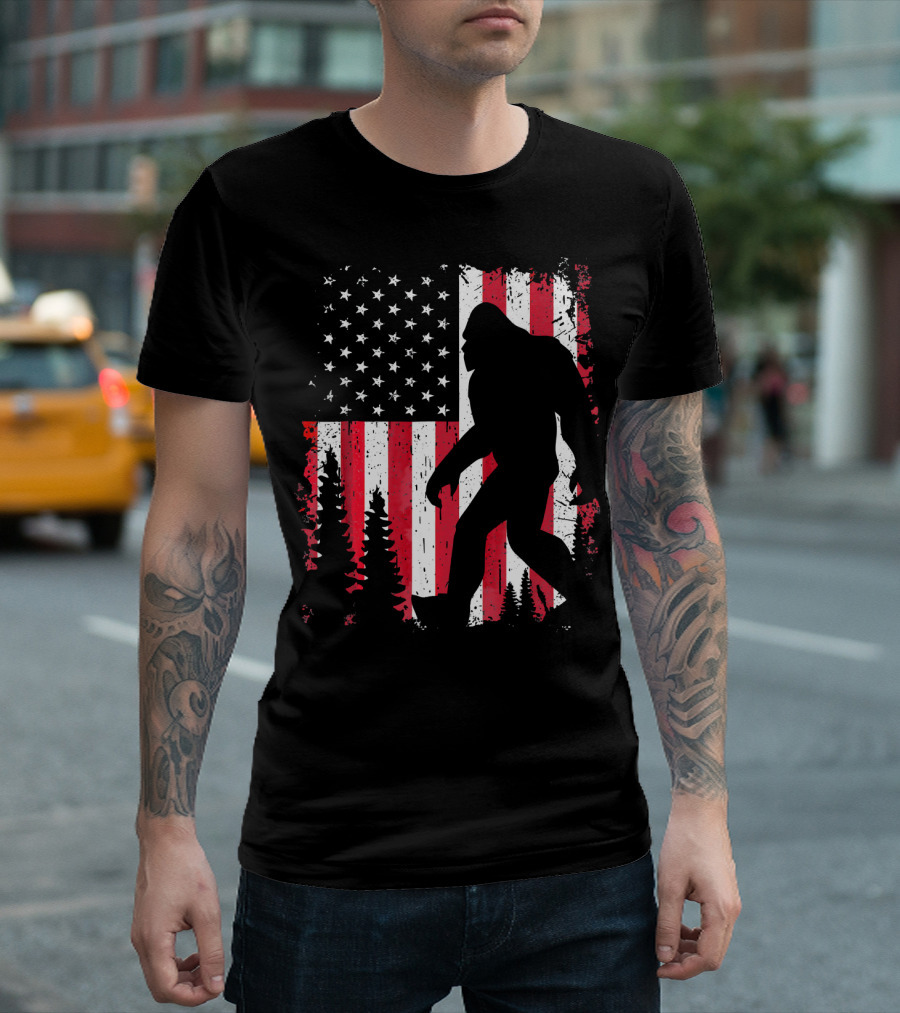 Bigfoot American Flag USA 4th of July T-Shirt