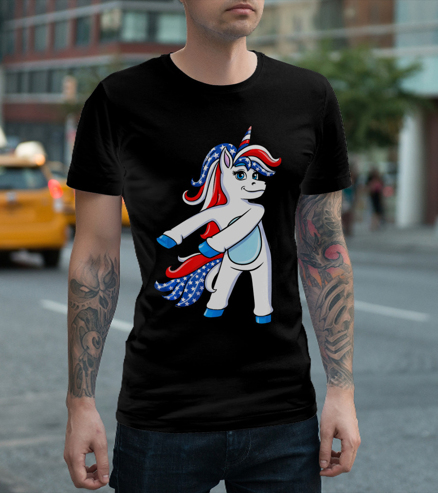 Flossing Unicorn With American Flag Colors 4th Of July T-Shirt