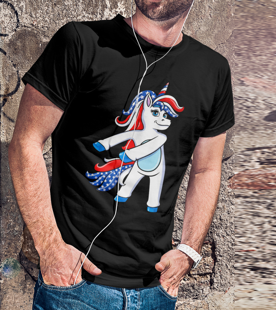 Flossing Unicorn With American Flag Colors 4th Of July T-Shirt