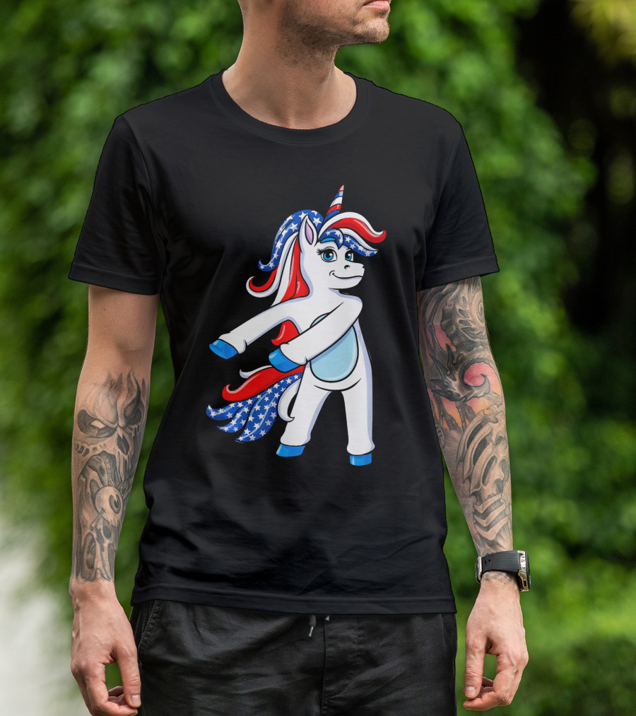 Flossing Unicorn With American Flag Colors 4th Of July T-Shirt