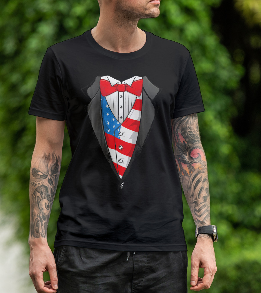 4th Of July American Flag Tuxedo Patriot Bow Tie T-Shirt