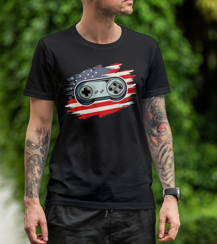 4th Of July Gamer Vintage American Flag Retro Controller USA T-Shirt