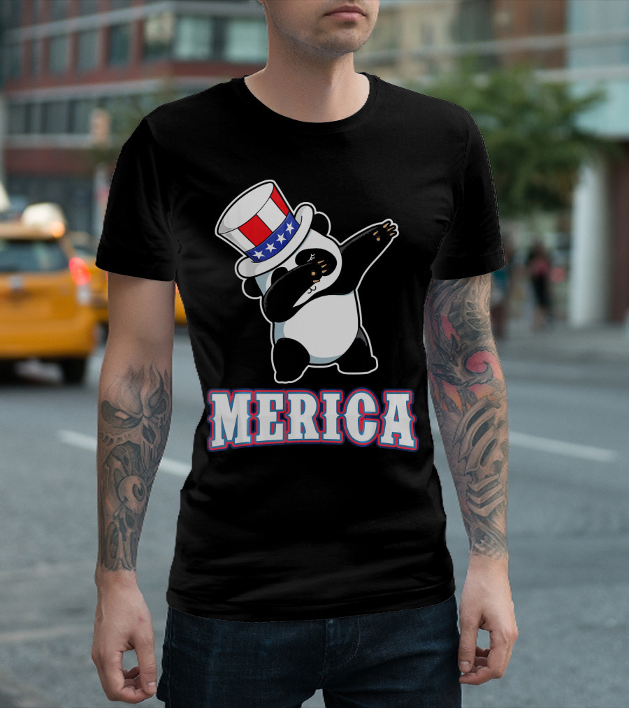 Merica Dabbing Panda in American Flag Top Hat T-Shirt