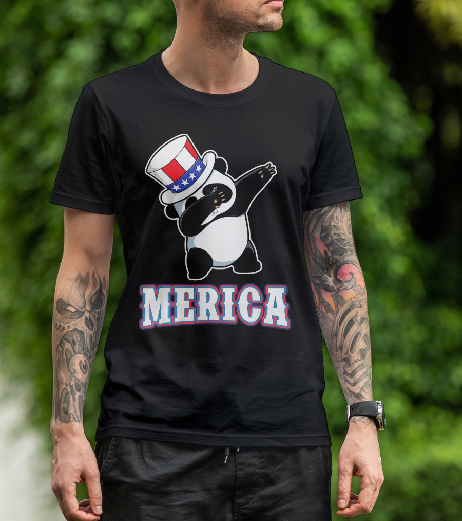 Merica Dabbing Panda In American Flag Top Hat T-Shirt